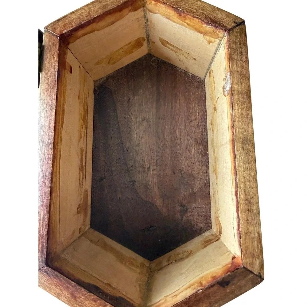 Vintage Hand Carved Wood Box‎ Geometric Star Hexagon MCM Keepsake Chest 8.5